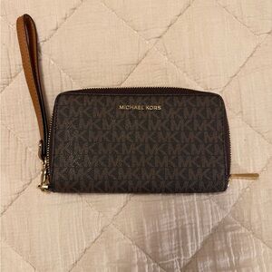 Michael Kors Dark Brown MK Logo Wristlet Clutch with Tan Strap